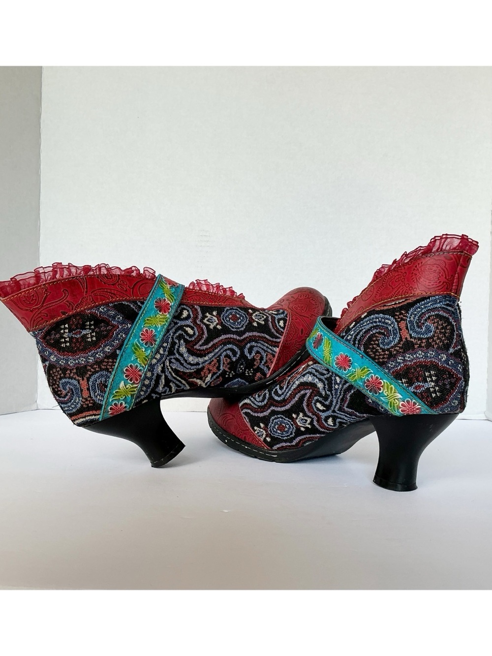 Socofy Floral Leather & Tapestry Ankle Bootie Pumps EU Size 41/US 10 - Picture 9 of 14